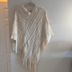 Cream Knit Poncho with Fringe